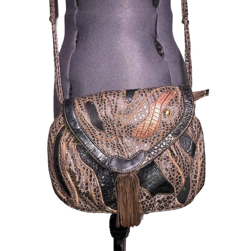 Vtg 80s Alentino Nas Crossbody Bag Boho Faux Reptile Tassel Statement FRGR SMELL